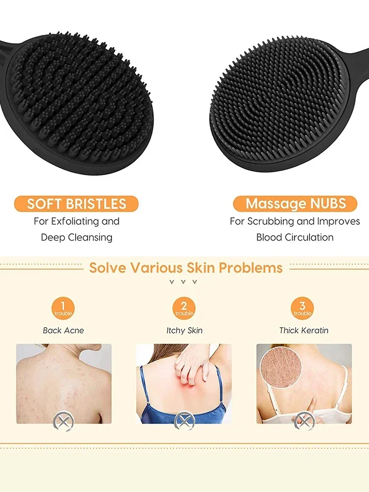 Description Picture 5 of item1pc Long Handle Bath Brush Silicone Body Brushes Back Ball Brush Soft Back Body Scrub Exfoliation Shower Massage Body Wash Brush