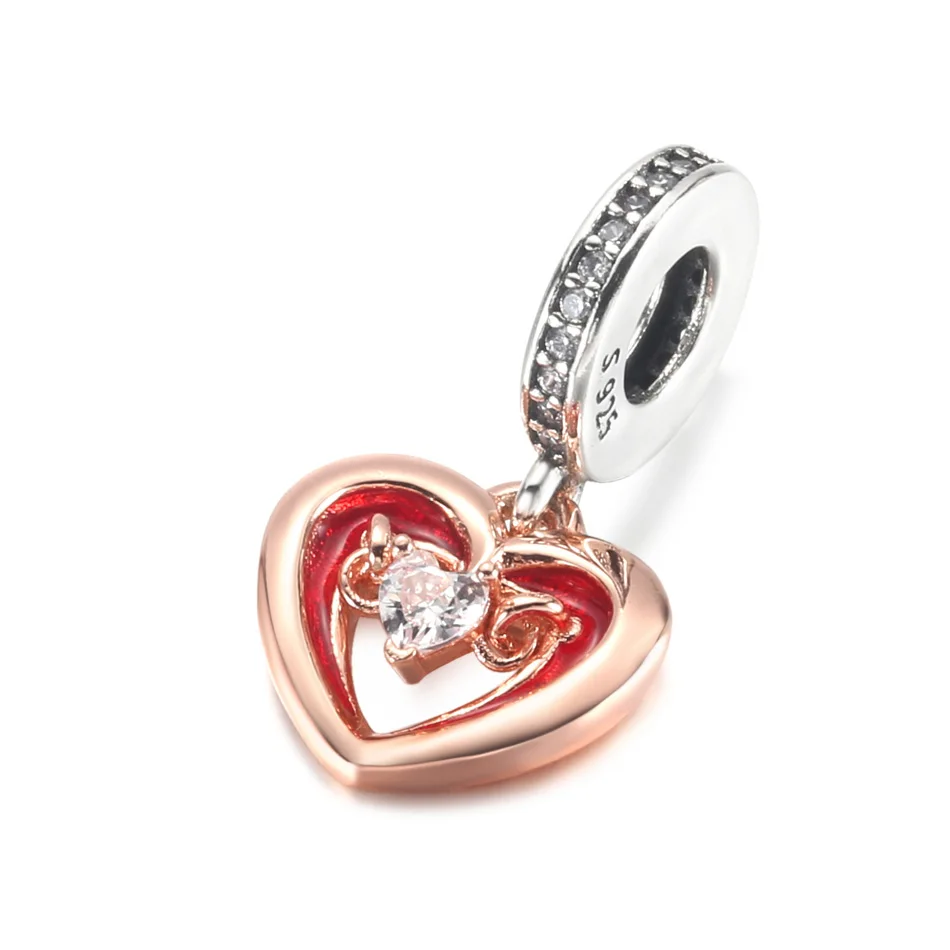 

Shining Two Hearts Dangle Charm Fit Women Bracelet Bangle DIY Jewelry S925 Sterling Silver Bead Girl Lady Gift Rose Gold Colour