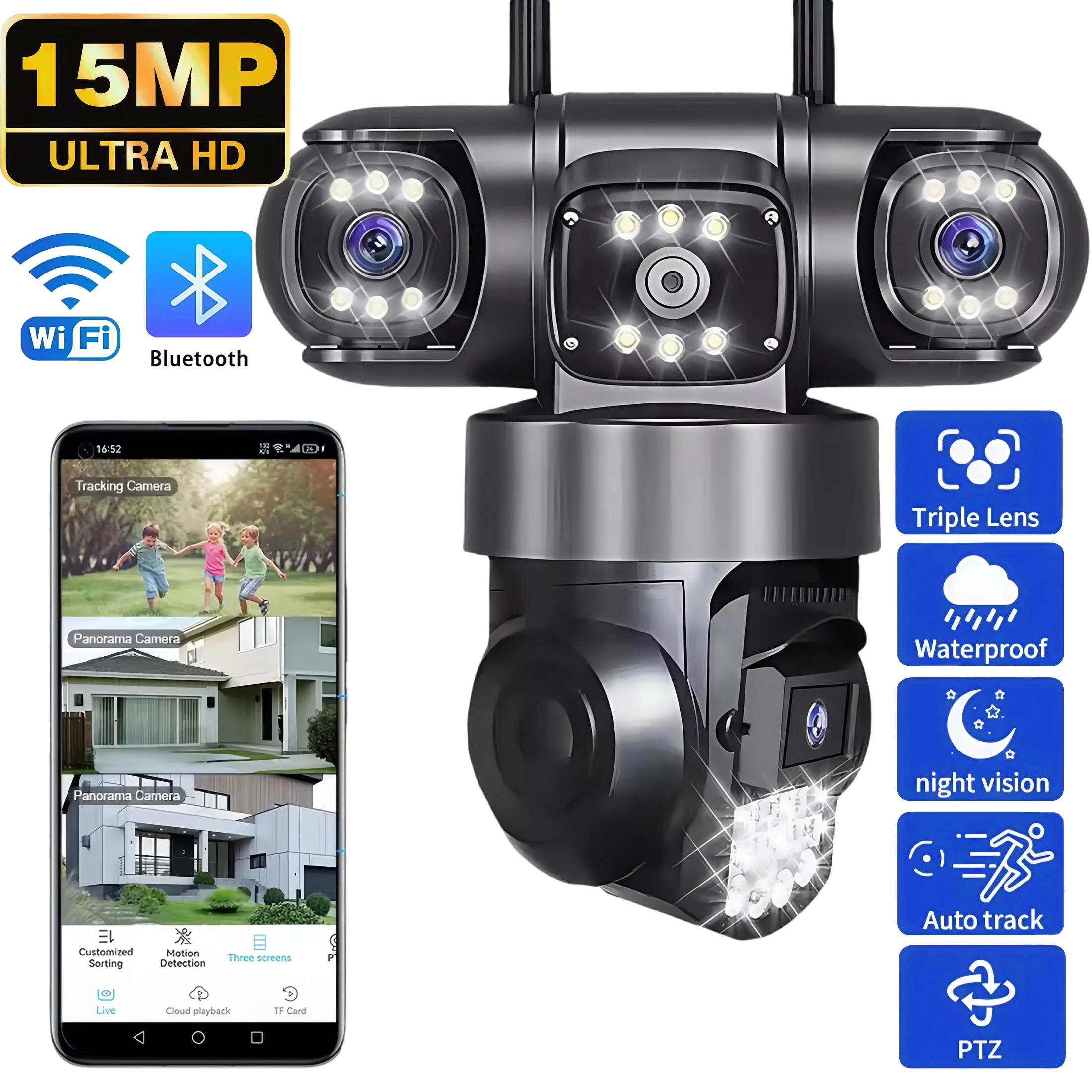 Caméra De Sécurité Triple Lens WiFi - Détection Mouvement, IP66, 3 écrans, H.265, Pour Intérieur/extérieur