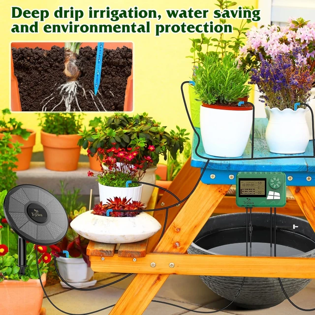Système d'irrigation goutte-à-goutte solaire, avec tuyau de 15 mètres, pour jardin, balcon et serre 2