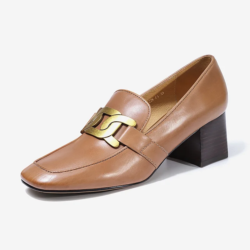 

2023 Autumn New Metal Buckle High Heel Genuine Leather Single Shoes Cowhide Women's Shoes Office Style Leather Shoes