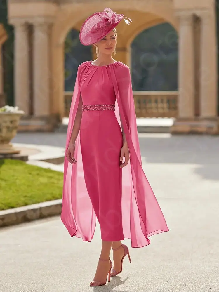 New Arrival Pink Mother of the Bride Dress 2024 Mother Gowns Mid Calf Length Round Neck Beaded Wedding Party Dresses Short