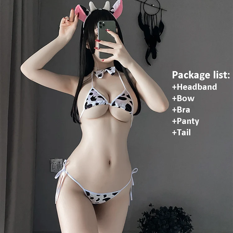 Sexy Cow Bikini Set Women Erotic Lingerie Cartoon Cosplay Costume Maid Swimsuit Cute Milk Cow Printing Bra Panty Stocking
