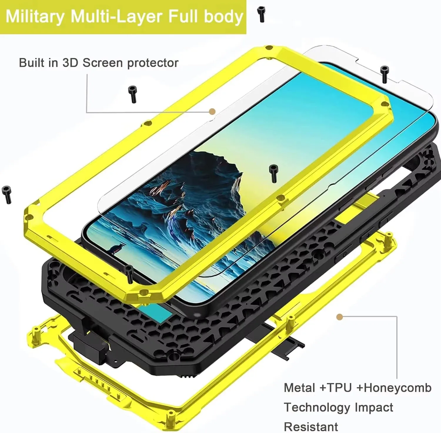 Durable Aluminum 3-Layer Shockproof Phone Case with Screen and Lens Protection