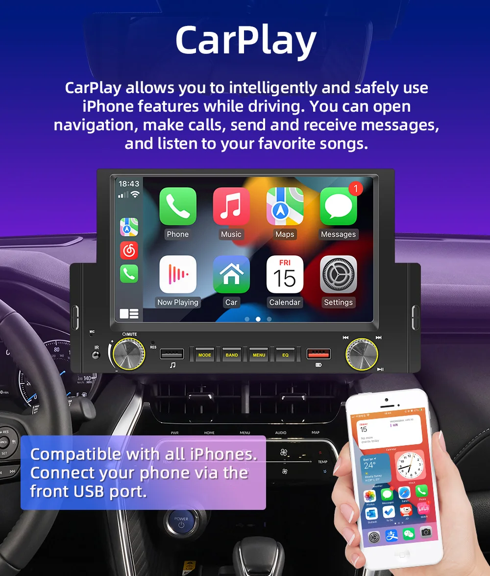 Фото Автомобильный MP3-плеер ESSGOO, 1 Din, 6,2 дюйма, автомобильное радио, Carplay Mirror Link, автомобильное стерео, Bluetooth, автомобильное центральное мультимедийное стерео №2
