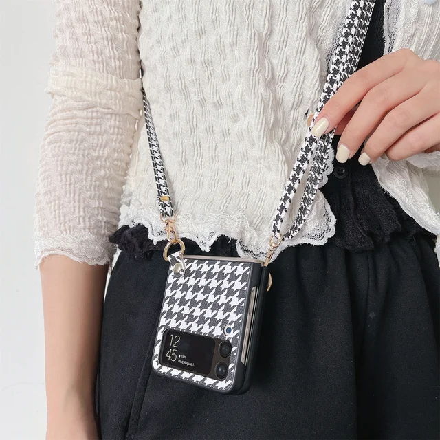 Enhance Your Style with the Crossbody Long Lanyard Necklace Strap Houndstooth Leather Case For Samsung Galaxy Z Flip 4 3 2 1 5G Flip3 Flip4 Cover With Rope