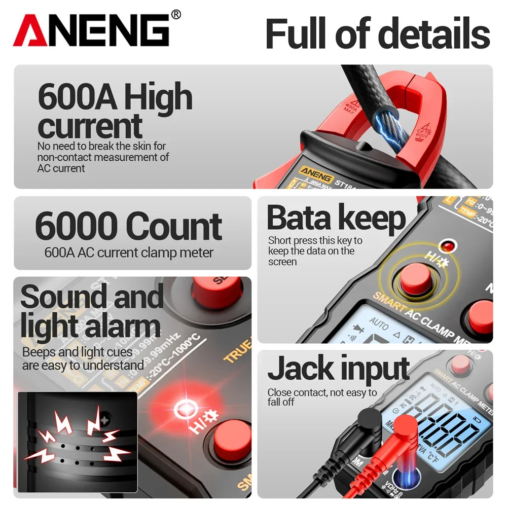 ANENG ST184 트루 RMS 클램프 미터 디지털 멀티미터 AC DC 전압 전류 저항 NCV 유도 감지기 전기 기술자용