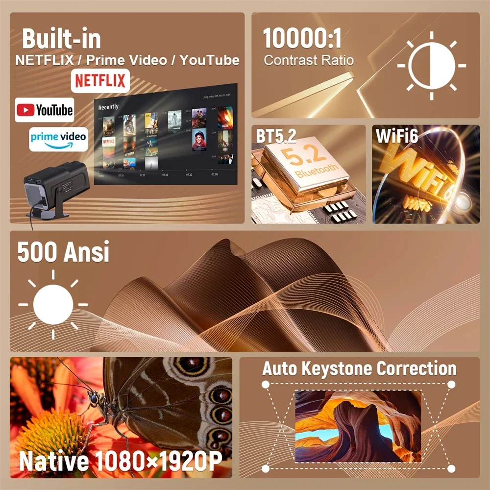넷플릭스 인증 프로젝터 안드로이드 13 HY320 NTV Amlogic S950D4 1080P 500ANSI 듀얼 WiFi BT5.2  음성 리모컨-Freehip.co.kr