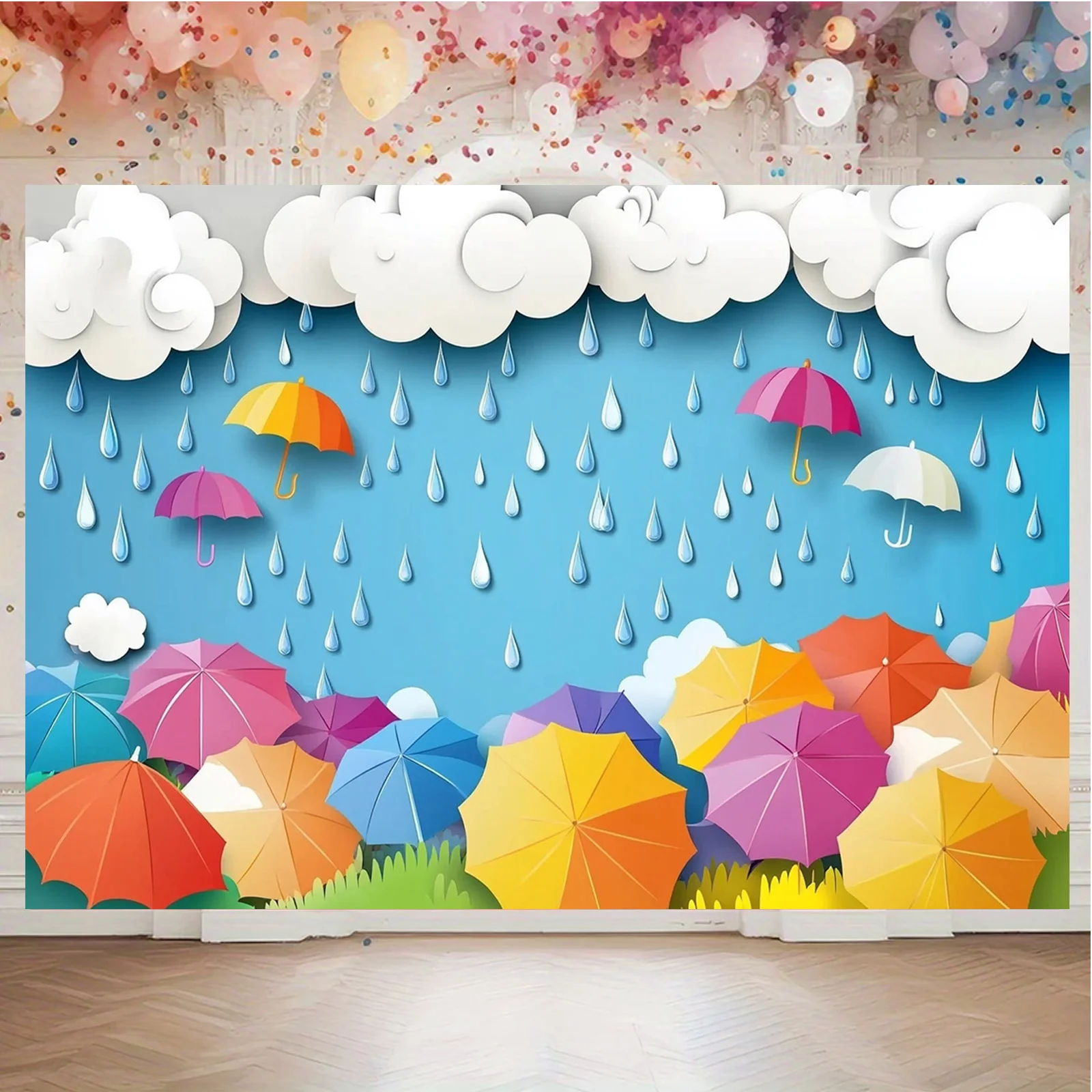 Bunter Regenschirm- und Regentropfen-Fotografie-Hintergrund – perfekt für Kindergeburtstage und regnerische ThemenpartysL – Detail 6