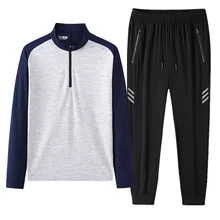 

Autumn men's ice silk long sleeve trousers suit casual sports fitness quick dry two-piece set