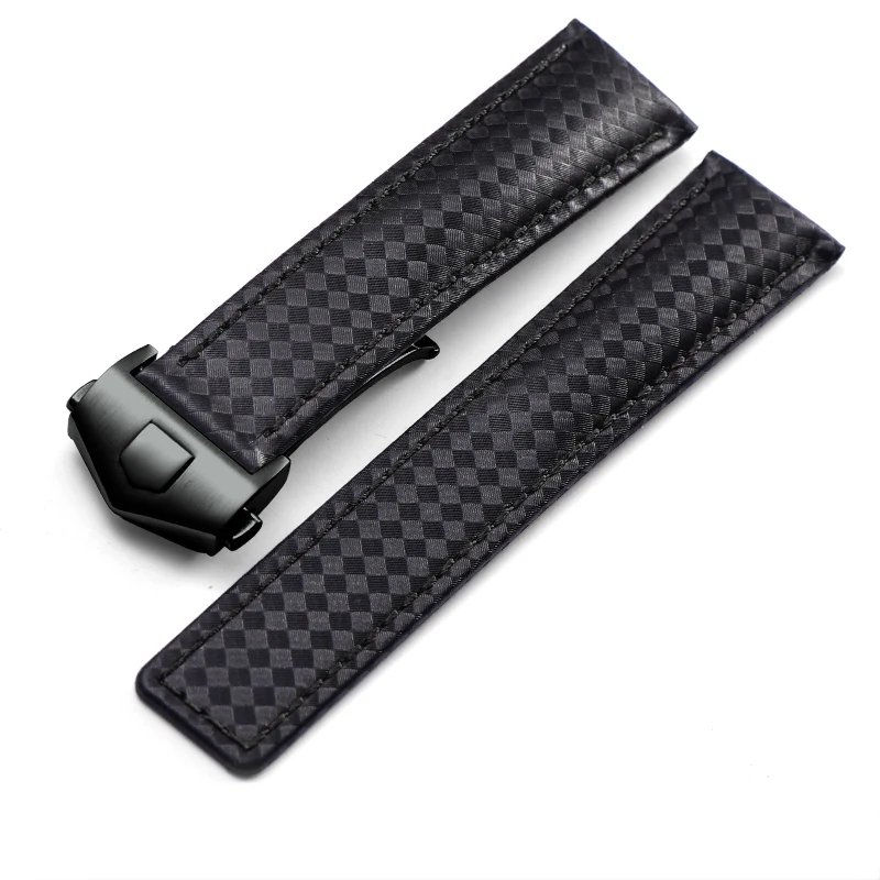 Elegant Cowhide Leather Watchband with Metal Folding Buckle - Black/Red