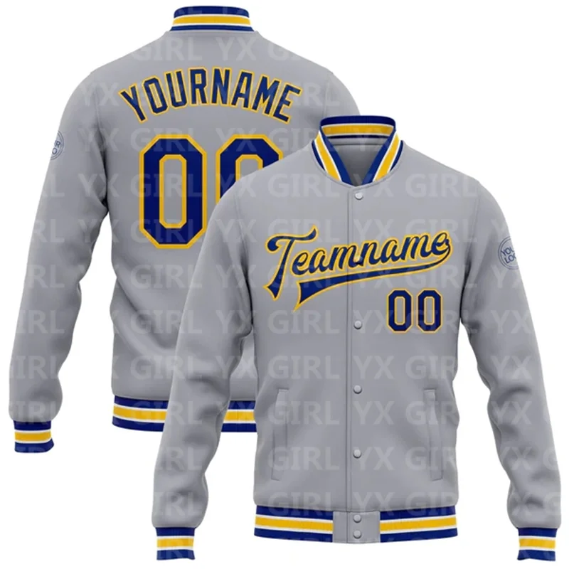 Custom Gray Purple-Gold Bomber Full-Snap Varsity Letterman Jacket 3D Printed Baseball Button Jacket