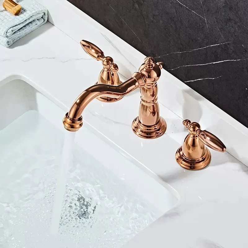 

Basin Faucet Brass Rose Gold Widespread Bathroom Faucet Antique Sink Faucets 3 Hole Hot And Cold Gold Water Faucet Tap