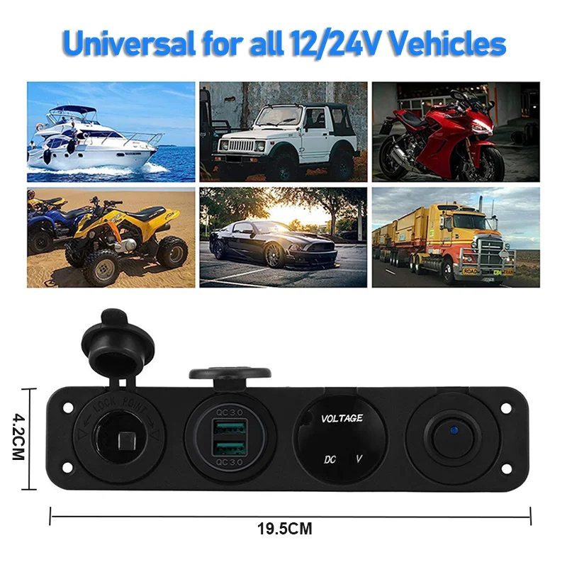 4 in 1 Charger Outlet Socket Panel QC 3.0 Dua 12V USB Power Outlet Car Voltmeter Cigarette Lighter Socket Rocker Toggle Switch 6
