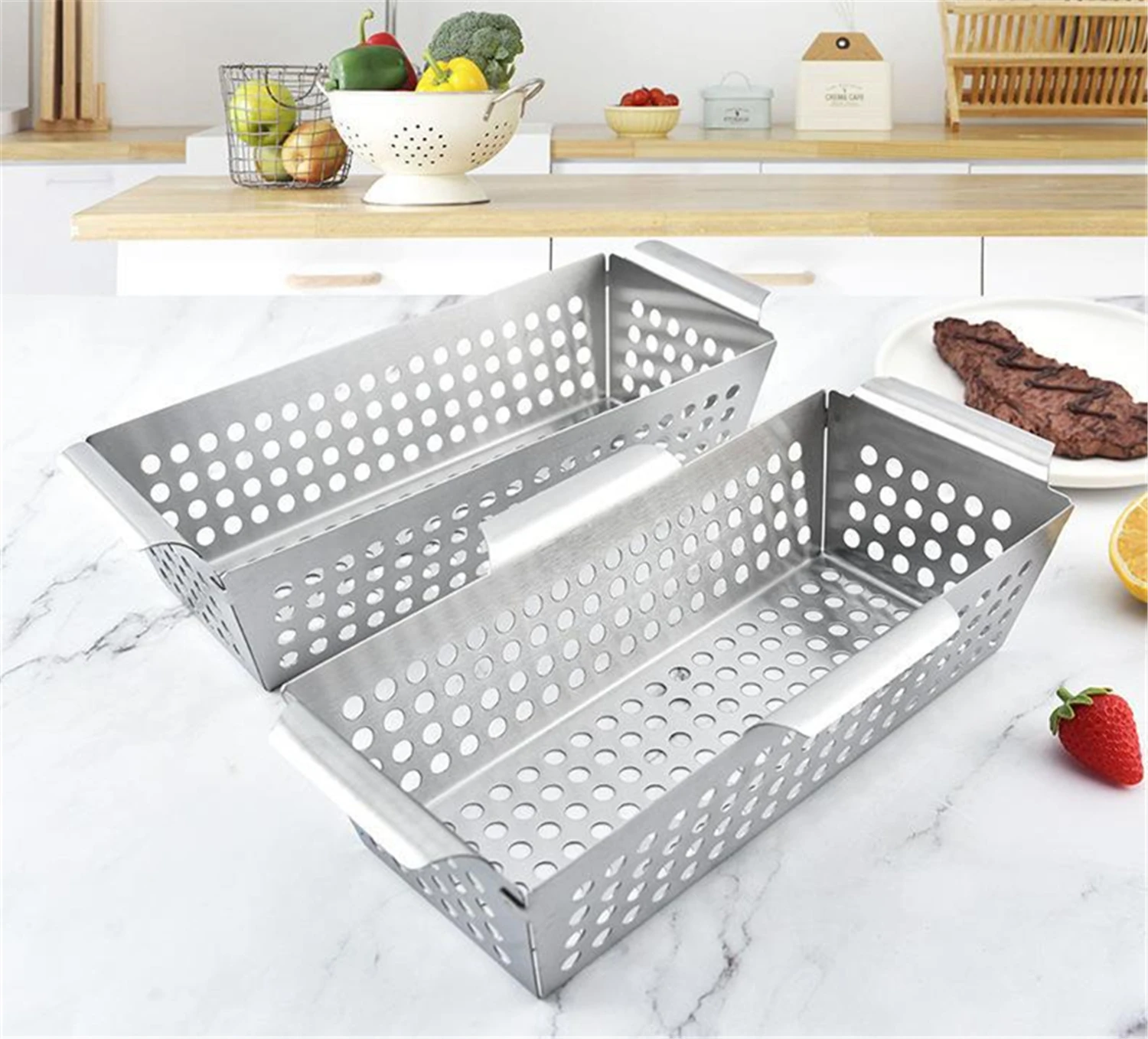 Sf09a4e53aa344613ab5e7783f2ba1102H Vegetable Grill Basket Stainless Steel BBQ Leaky Frying Food Holding Pan Outdoor Barbecue Tools and Gadgets Mallzona