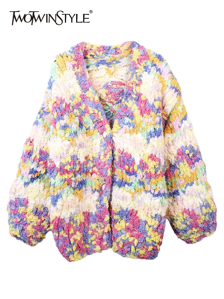 

TWOTWINSTYLE Colorblock Loose Knitting Sweaters For Women V Neck Lantern Sleeve Spliced Single Breasted Casual Sweater Female