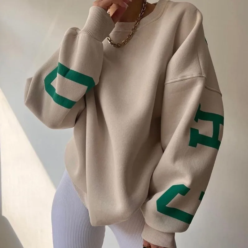 Spring and Autumn Women's Pullover Round Neck Letter Print Solid Screw Thread Long Sleeve Sports Sweater Fashion Loose Tops