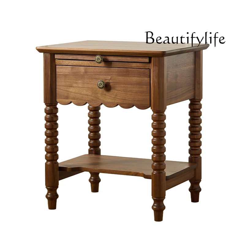 

French Retro Solid Wood Bedside Cabinet North American Black Walnut Bedroom Storage American Storage Cabinet