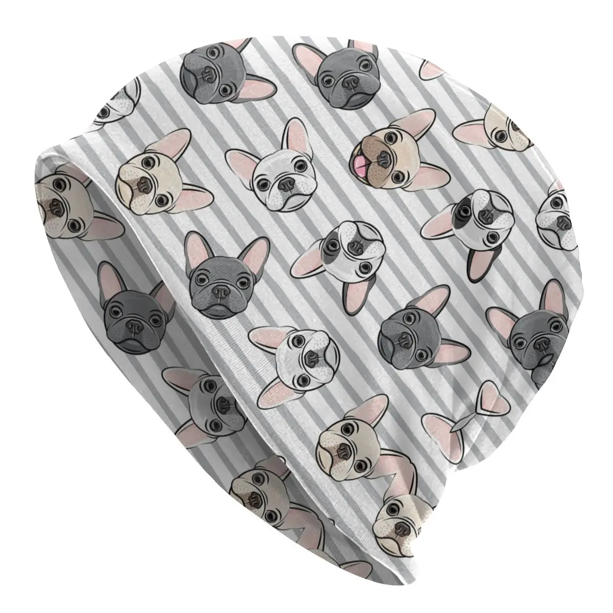 

Grey Stripes Cute French Bulldogs Bonnet Homme Fashion Knit Hat For Women Men Warm Winter Frenchies Pet Dog Beanies Caps