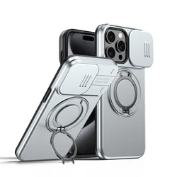 360° Rotating Shockproof Magnetic Stand Phone Case with Slide Camera Protection Cover - iPhone 15 Plus (Silvery)