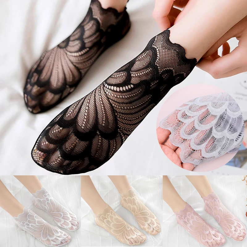 

Invisible Boat Socks Women Summer Lace Flower Elastic Socks Thin Hollow Anti-drop Short Tube Socks Lady Breathable Ankle Socks