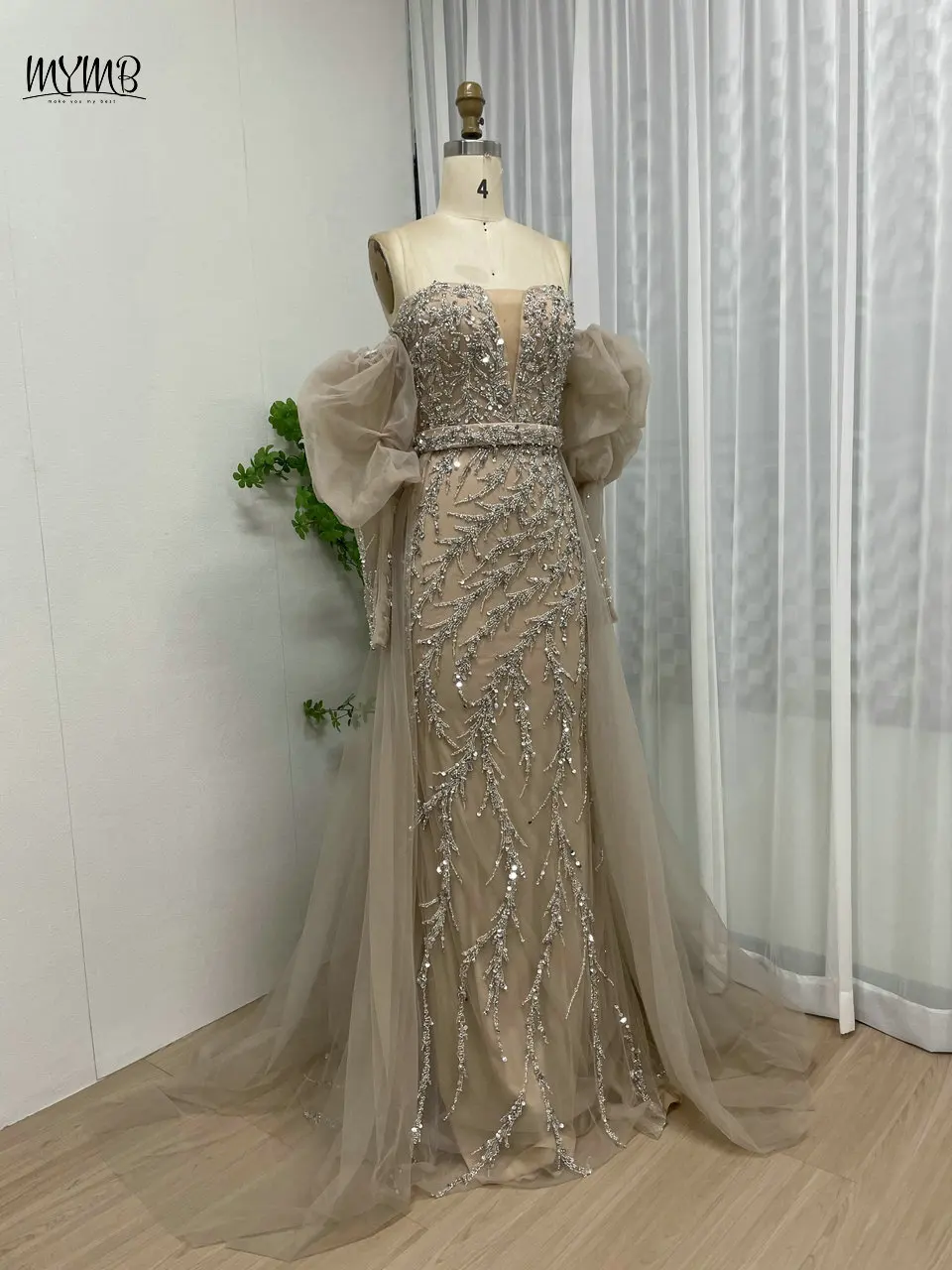 MYMB Arabisches sexy trägerloses Ballonärmel-Hochzeitsgastkleid für Frauen, Party, glitzerndes, perlenbesetztes Meerjungfrau-Abendkleid mit Überrock – Detail 9