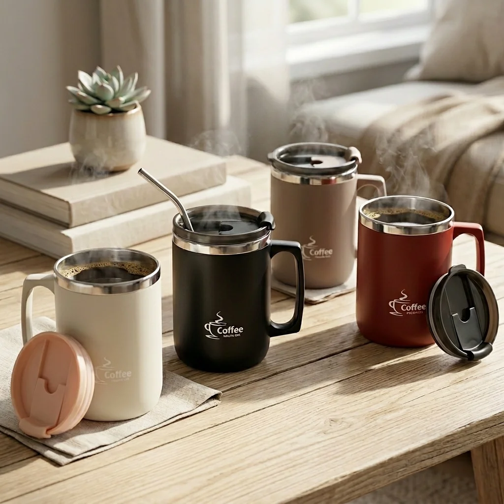 Insulated Stainless Steel Travel Mug with Handle and Leakproof Lid