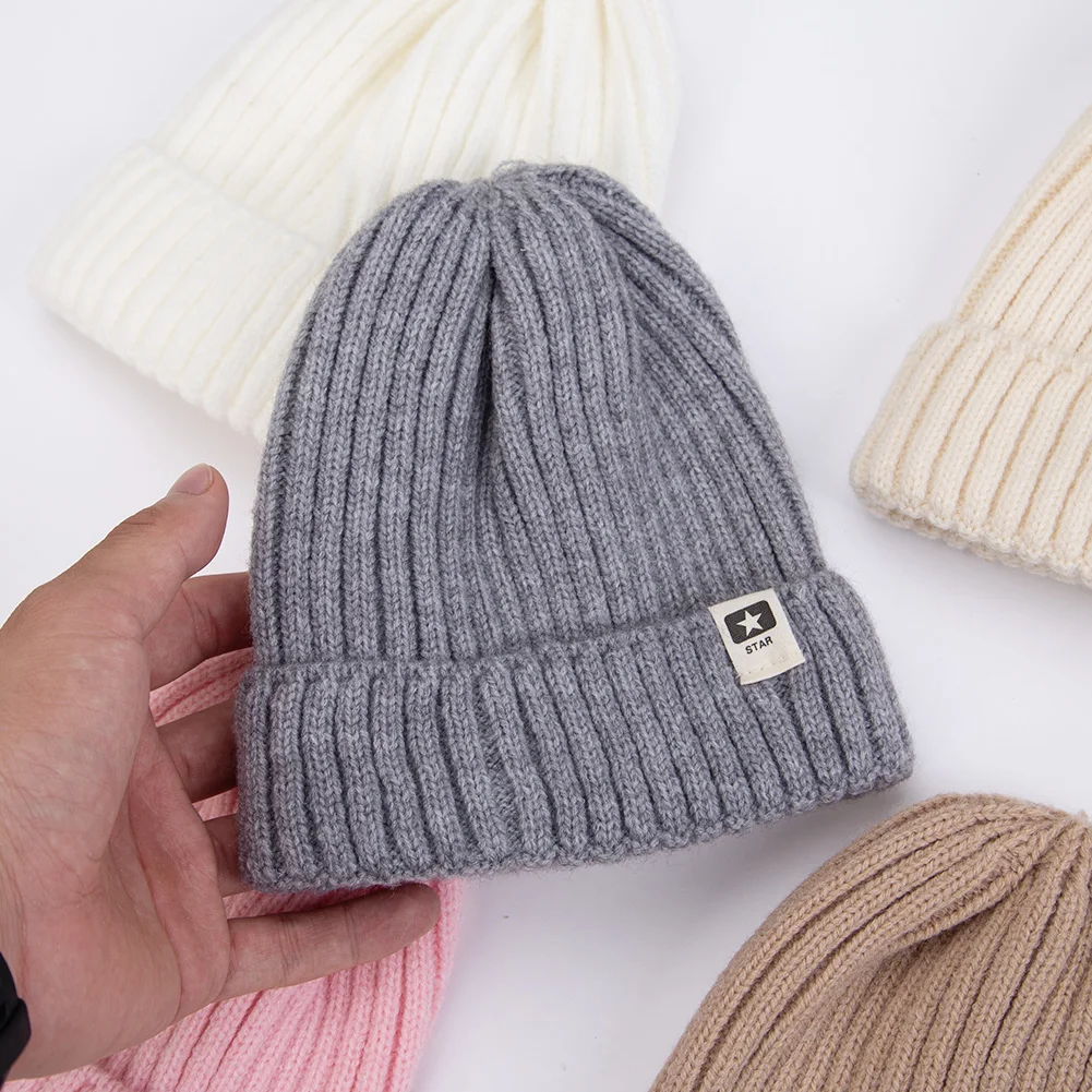 Baby Turban Hats 100% Acrylic Star Label Stick Caps Boys Girls Winter Warm Knitted Bonnet Kids Solid Beanies Crochet Headwraps 2