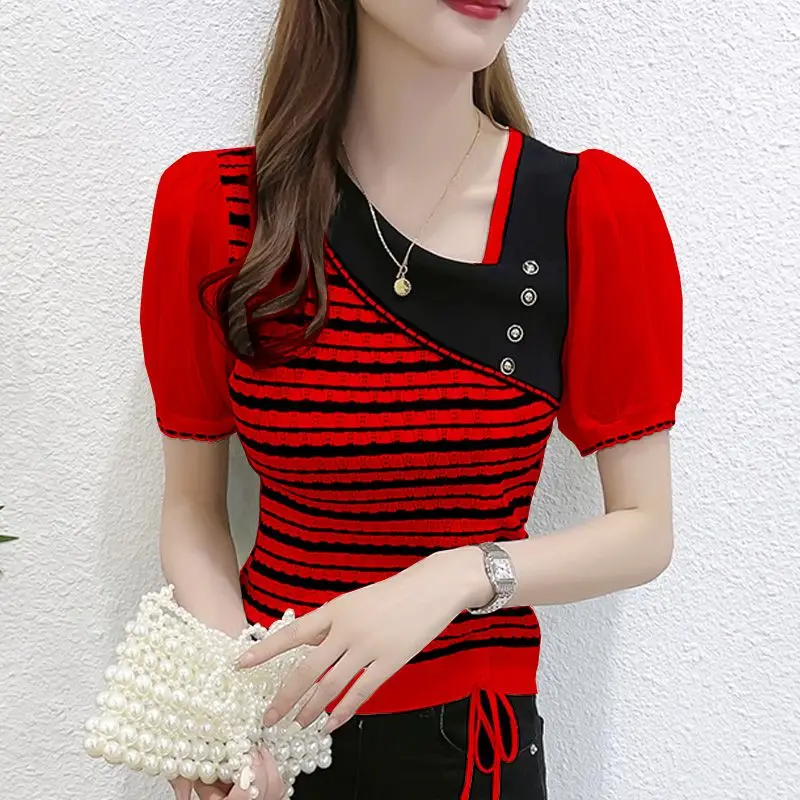 Elegant Spliced Shirring Lace Up Striped Puff Sleeve Blouses Women Clothing 2024 Summer New Korean Tops Office Lady Shirts