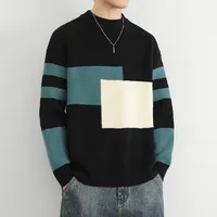 Russian Ozon Color Block Striped Men's Winter Long Sleeve round Neck Knitted Sweater Warm Base Shirt for Teenagers Casual Fas...