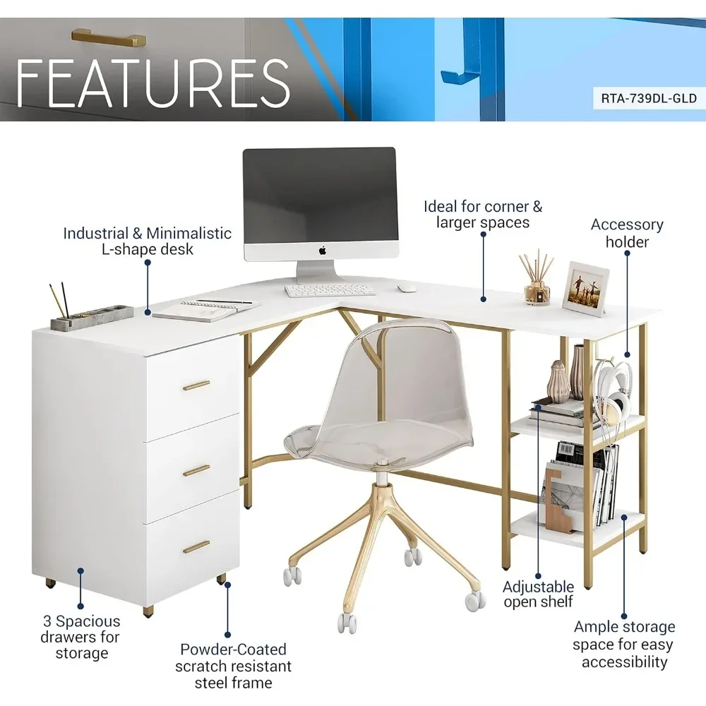 L Shaped Desk-Two-Toned Computer Desk with Drawers & Storage Shelves-Simple Modern Furniture & Home Office