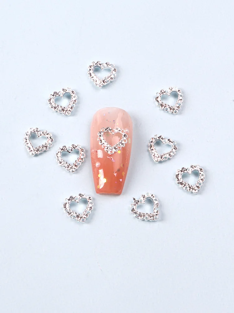 10pcs Silver Heart Alloy Nail Art Charm 3D Sailor Metal Diamond Hollow Heart Love Nail Jewelry Luxury Nail Accessories