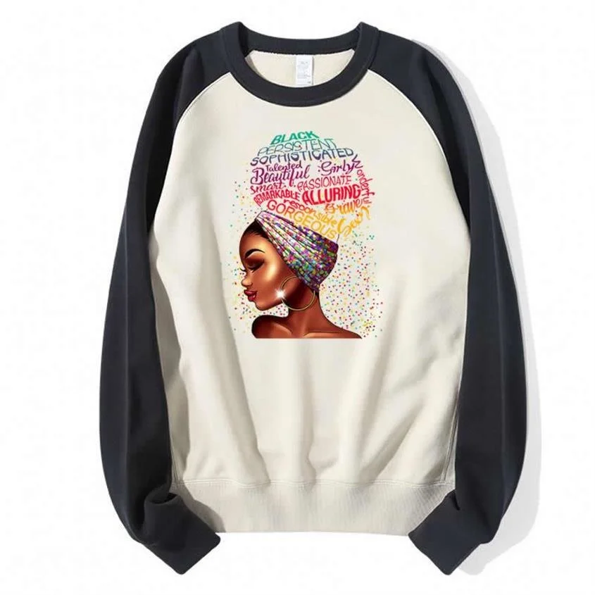 

African Black Woman Print Women's Sweater Loose Design Harajuku Sense Contrast Raglan Top Bottom Coat In Autumn Winter