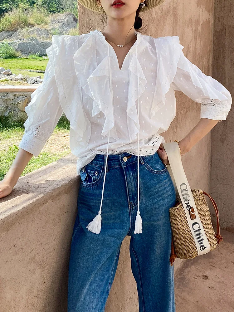 

Элегантная французская шикарная блузка GypsyLady, рубашка с оборками, хлопковая блузка с V-образным вырезом и кисточками на шнуровке на весну-лето, Женский Топ в стиле бохо, рубашка