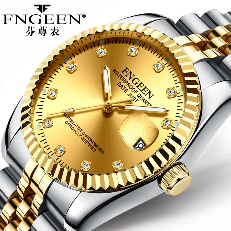 FNGEEN-reloj dorado de lujo para hombre y mujer, cronógrafo con incrustaciones de diamantes, calendario, fecha, redondo, de cuarzo, resistente al agua, femenino