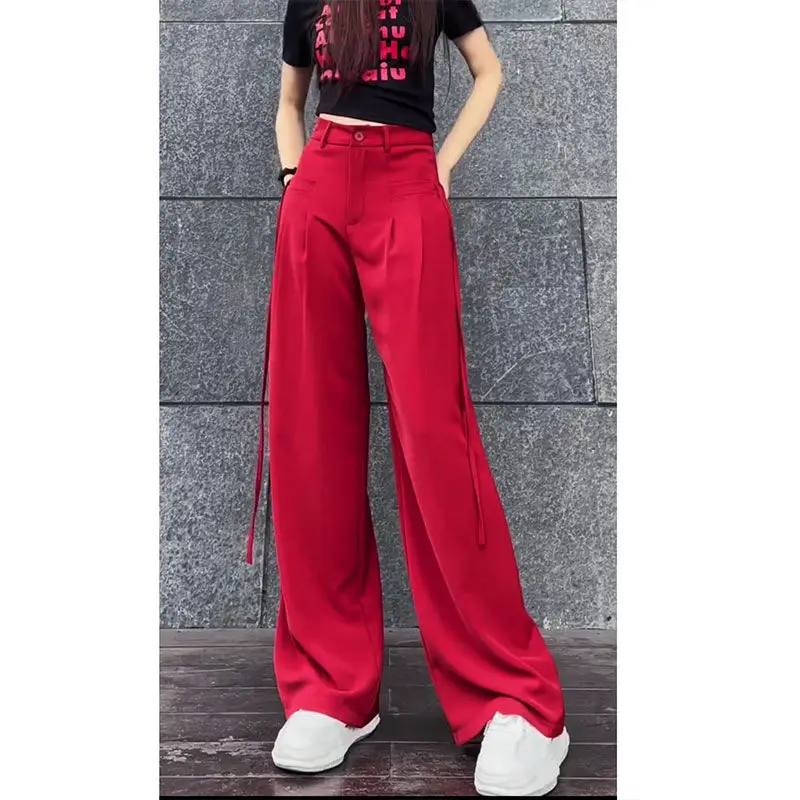 Female Summer Fashionable Minority Drawstring Drape Streetwear Women Y2k Pants Wide Leg High Waist Look Thin Straight Casual
