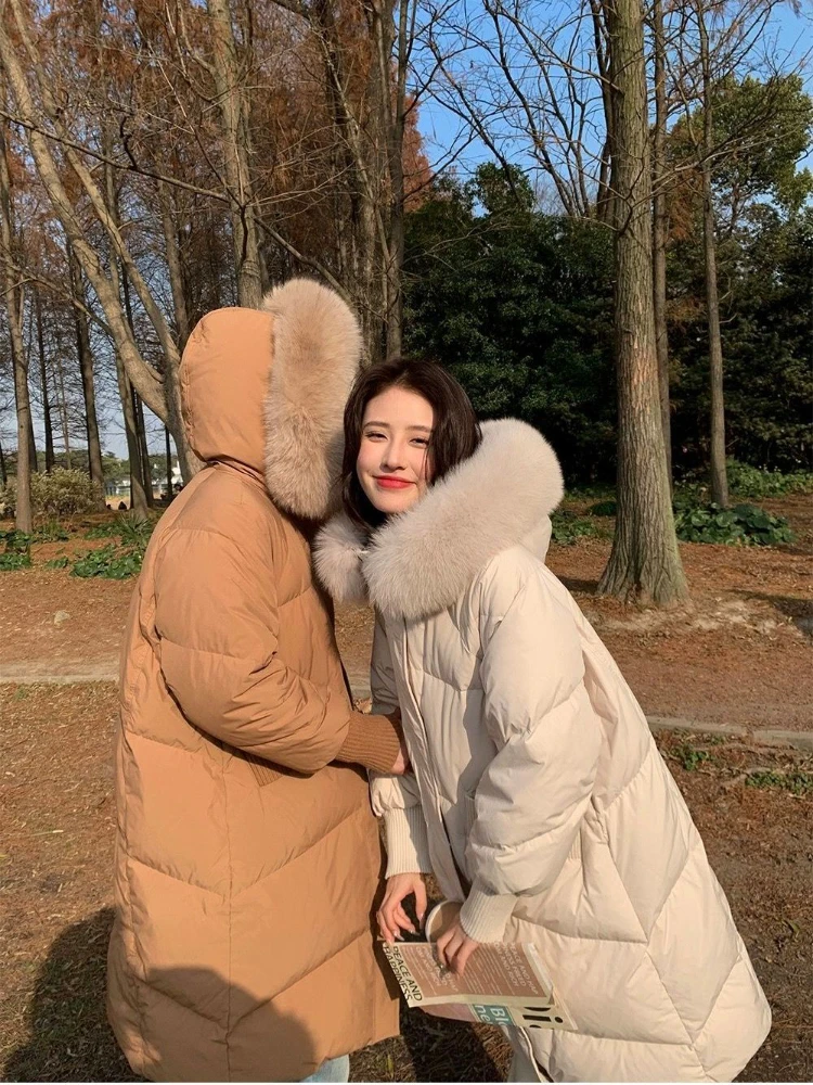 90% Long-Style Down Jacket Women Fall Winter 2023 New Long Sleeve Thicken Warm Loose Puff Jackets Chic with A Hood Coats