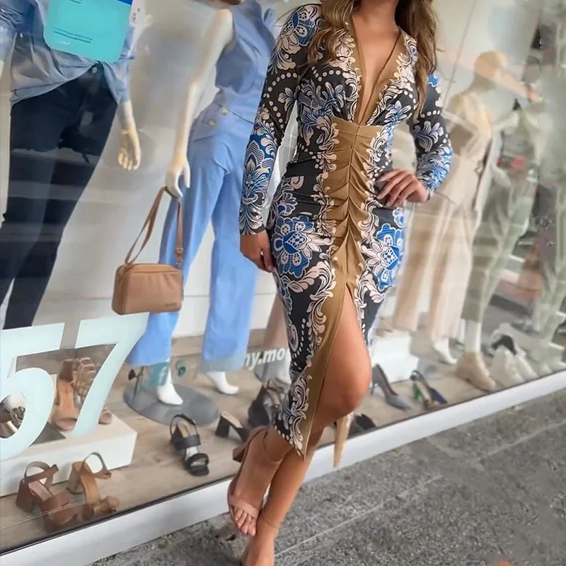 Vestido largo con estampado de mujer, cuello en V, manga larga