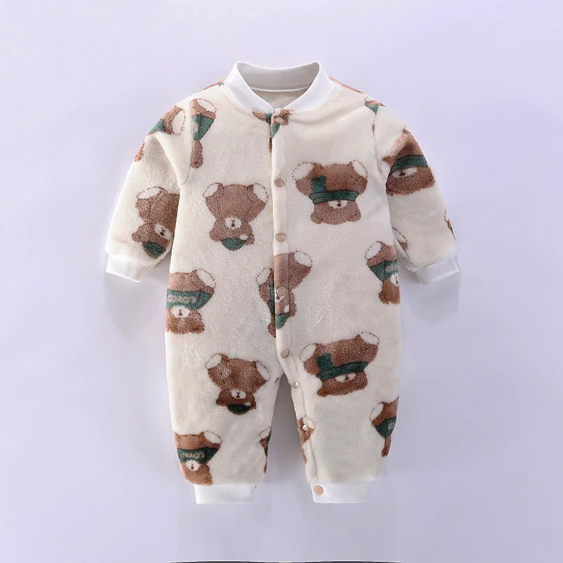 Autumn & Winter Newborn Baby Clothes Dinosaur Print Baby Boy Romper Warm Infant Baby Boy Girl Soft Fleece Jumpsuit Pajamas