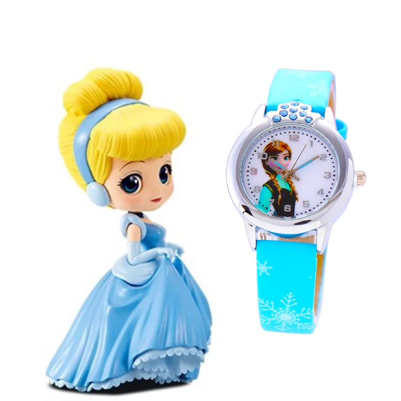 Children's Cartoon Wristwatches Princess High Quality Kids Leather Stainless Steel Watch Disney Girls Elsa