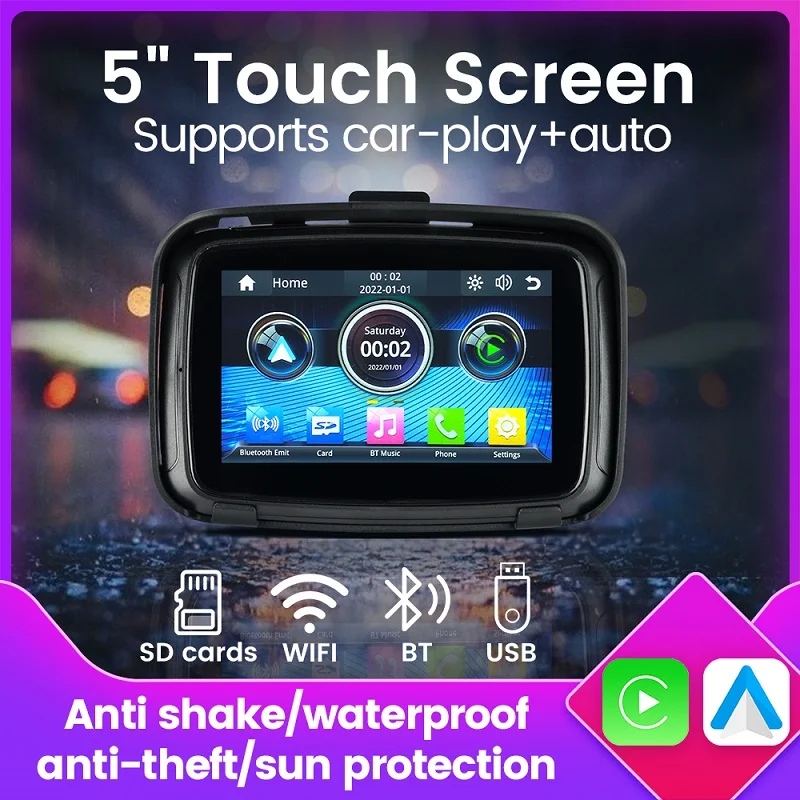 IPX7 Waterproof Motorcycle Multimedia Player GPS Navigation 5inch Display Screen Wireless Apple Carplay Android Auto WiFi USB BT