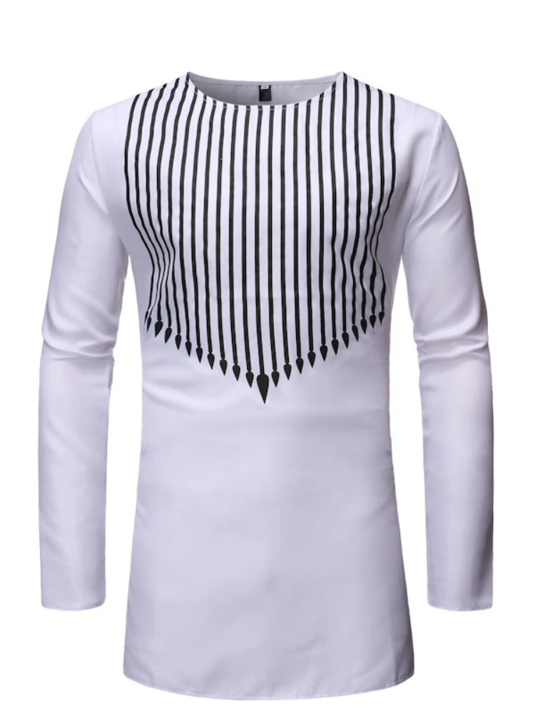 Ethnic Style Mid Length Two-piece Muslim Fashion Stripe Printed Casual Set Pakistan Muslim Men Clothing Abaya Muslim Sets 2023