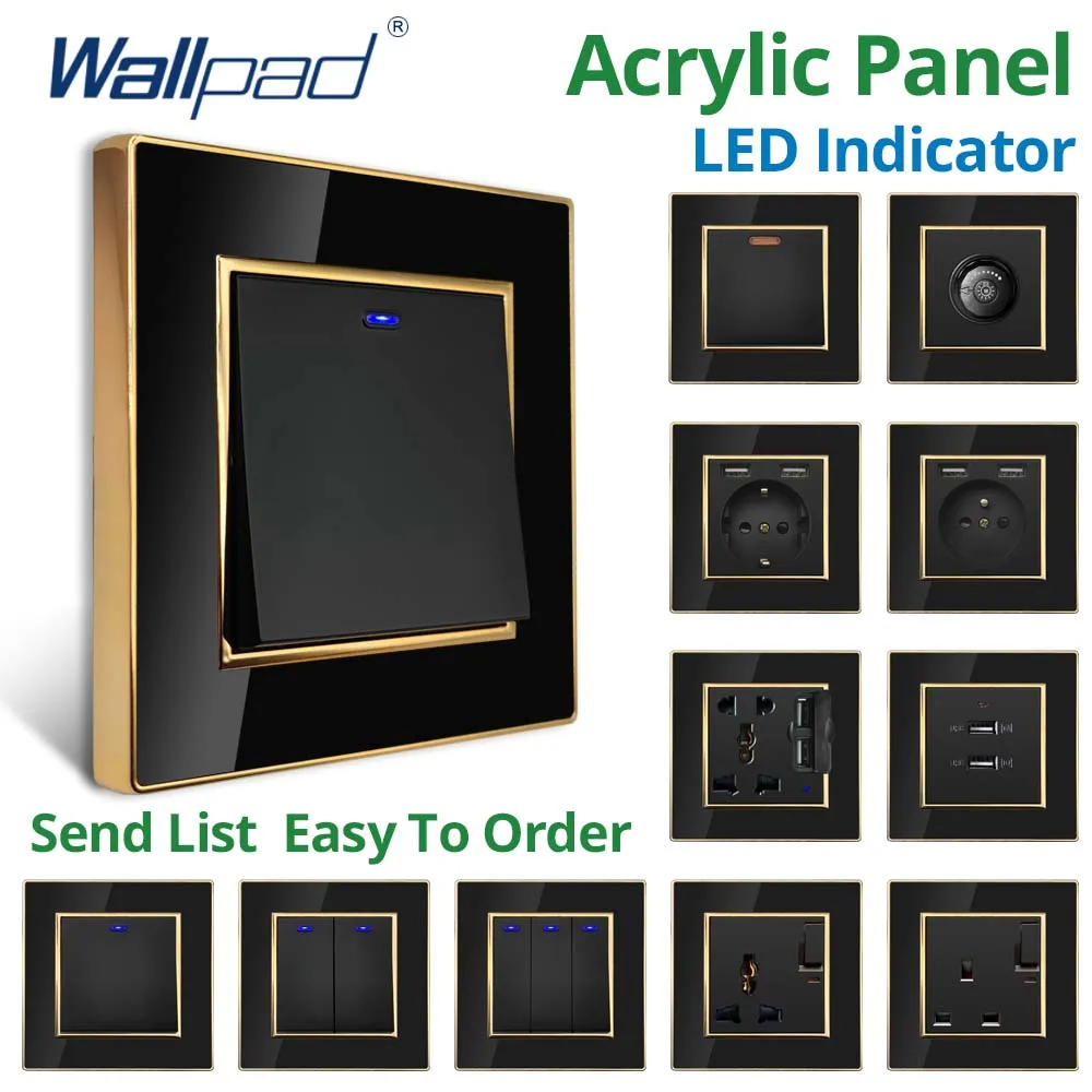 Wallpad-tomada ue com Usb Painel Acrílico Preto Borda Dourada Interruptor de Luz de Parede Vias com Sensor de Movimento Led