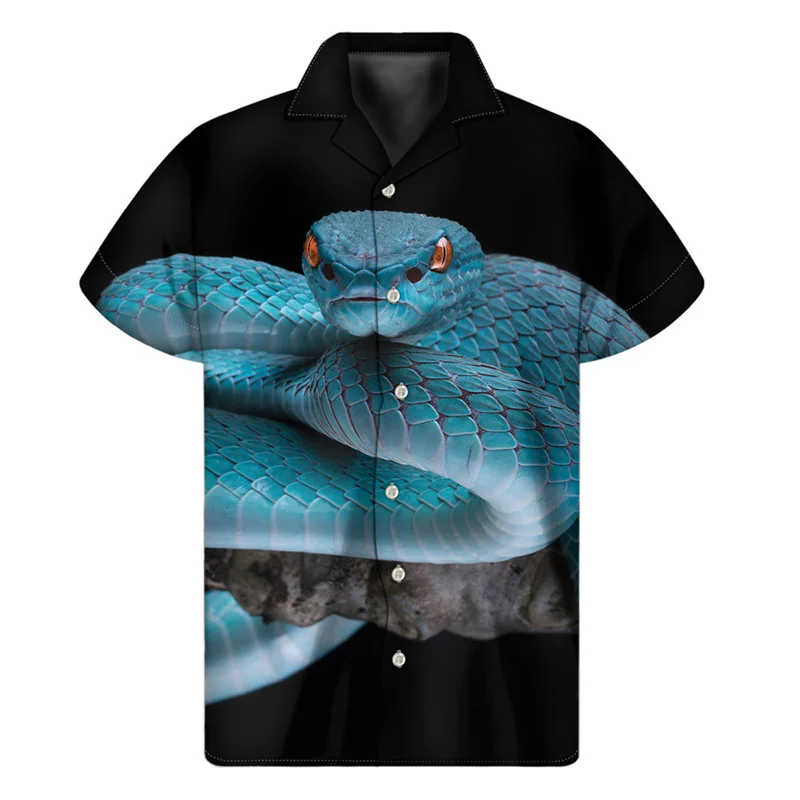 thumbnail image 1 of Camisas hawaianas con estampado 3D de serpiente para hombre, camisas de verano con solapa y botones, holgadas y con personalidad, de manga corta, 1 of 5