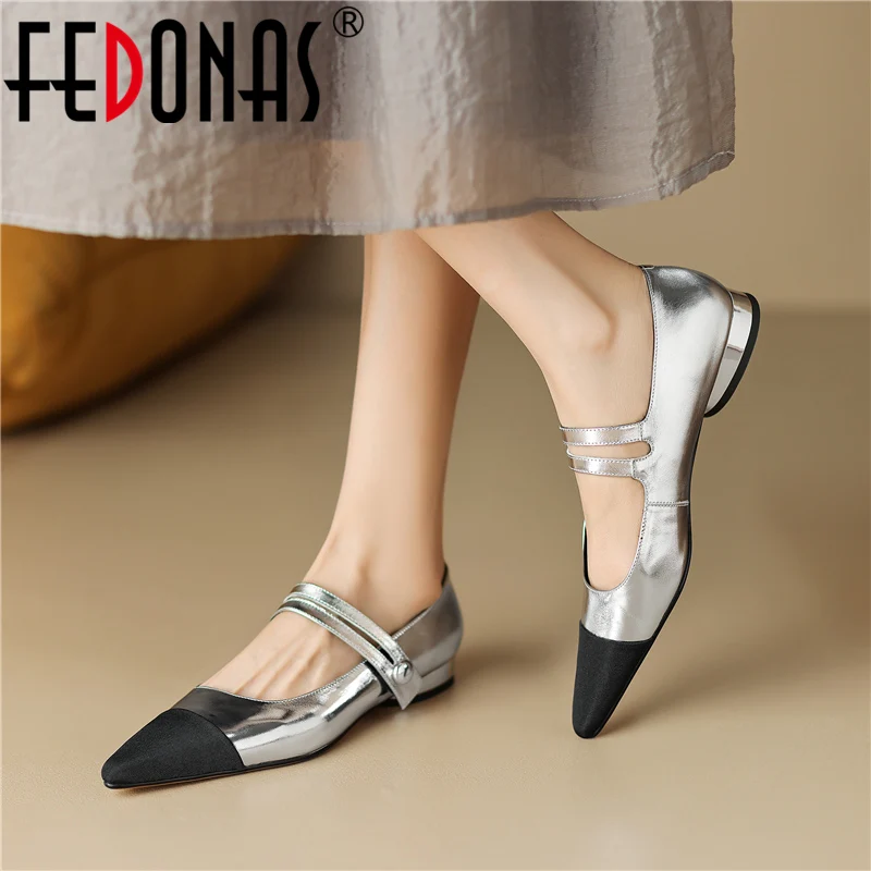 

FEDONAS Splicing Mixed Colors Women Pumps Low Heels Pointed Toe Genuine Leather Fashion Casual Office Shoes Woman Spring Summer