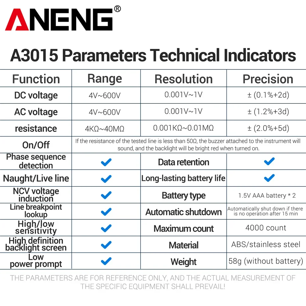 ANENG A3015 Digital Multimeter Phase Sequence Tester