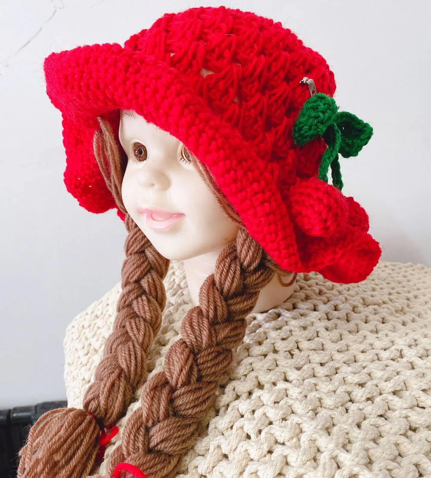 Cute Cherry Baby Girl Bucket Hat Cosplay Hair Braid Wig Cap Winter Warm Crochet Knitted Children Hats and Caps for Kids Girls