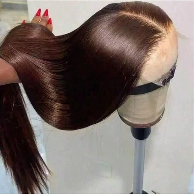 Perruques de cheveux humains super double drawn, lisses comme des baguettes, brun chocolat, avec dentelle frontale, pré-épilées, brun foncé, perruque frontale HD en dentelle pour femmes 1