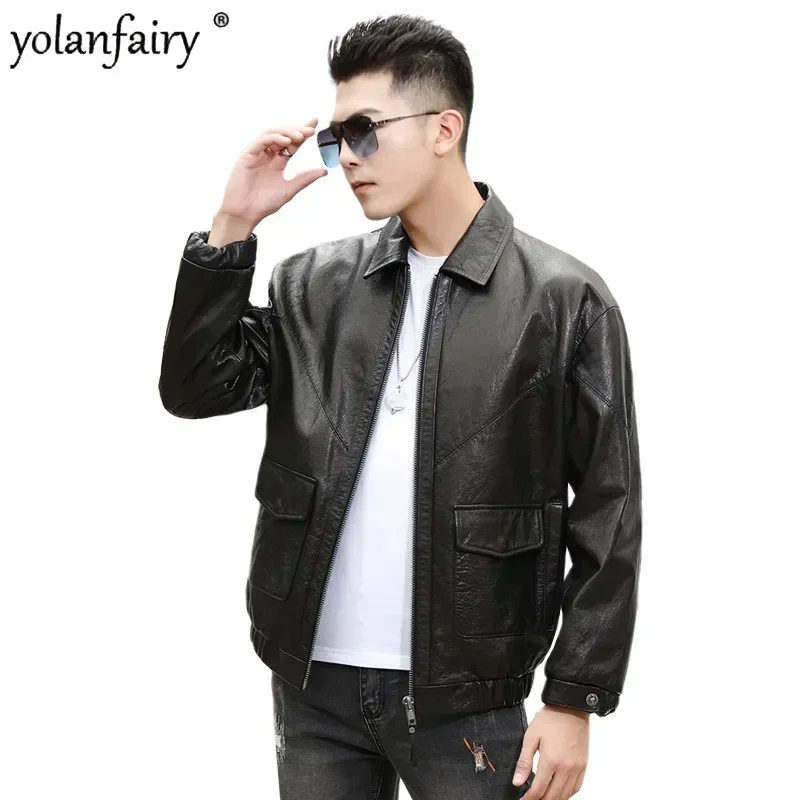 

Мужская кожаная куртка с отложным воротником, свободная повседневная куртка из натуральной воловьей кожи с спущенными плечами, модель FCY5404