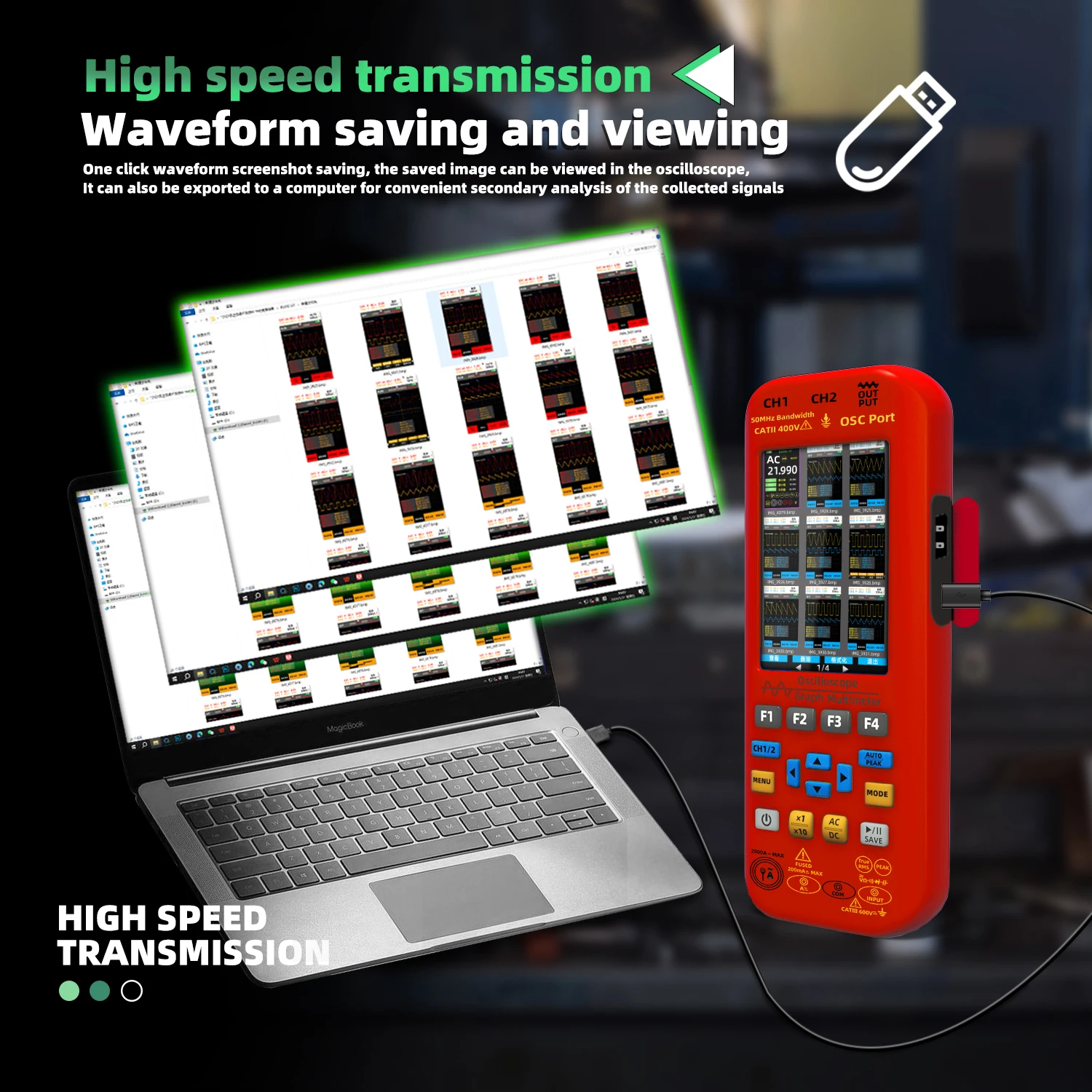BSIDE NEW Handheld Oscilloscope Digital Multimeter+Function Signal Generator 3-IN-1 Dual Channel 50MHZ*2 250MS/s Graphic Meter 5